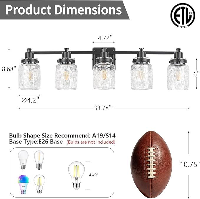 5 Lights Bathroom Light Fixtures Farmhouse Black Vanity Lights for Bathroom Lighting Fixtures Over Mirror with Hammered Glass Lampshade for Cabinet Mirror Bedroom Hallway