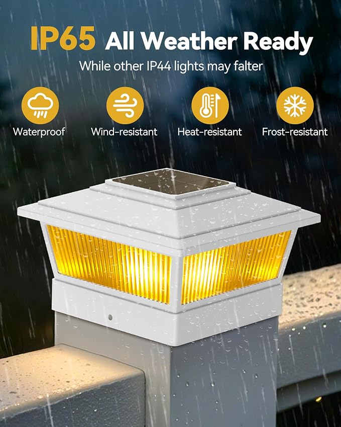 KEILAIMO Solar Post Cap Lights Outdoor for 4x4 5x5 6x6 Wood/Vinyl Posts, 2 Pack Fence Post Solar Lights with Flickering Flame & Warm Modes for Deck/Garden/Patio, IP65 Waterproof - Glossy White
