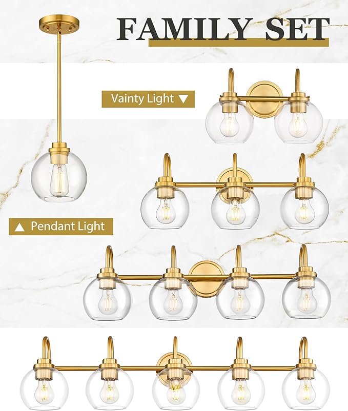 Bathroom Light Fixtures, 4-Light Brushed Gold Vanity Lights with Globe Clear Glass, 30 Inch Champagne Bronze Vanity Lighting Fixtures Over Mirror, AD-22280-4W-GD