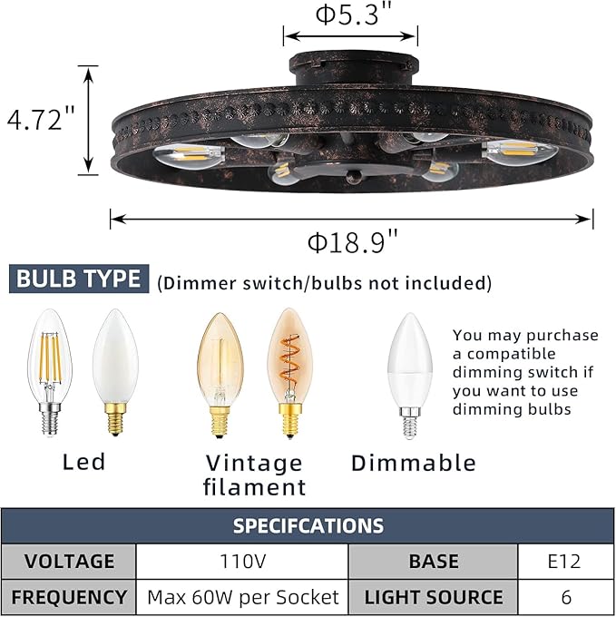 Semi Flush Mount Ceiling Light, Industrial Metal Ceiling Light Fixture, 18.9" Rustic 6-Light Farmhouse Light, Red Rust Chandelier for Kitchen Dinning Room Entryway Living Room