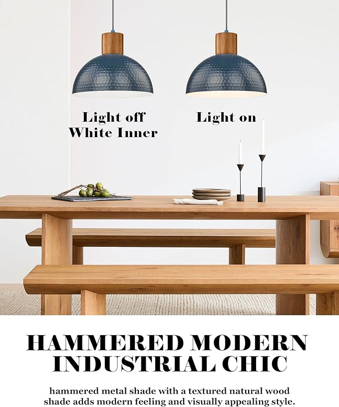 ELYONA Modern Hammered Pendant Light Fixtures with 12" Metal Shade Solid Wood Dome Hanging Pendant Light for Farmhouse Kitchen Island Dining Room Sink Bedroom Hallway Medium 2 Pack Blue