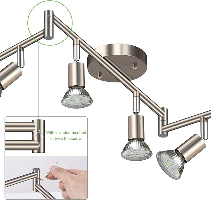Unicozin LED 6 Light Track Lighting Kit, 46.5'' Matt Nickel 6 Way Ceiling Spot Lighting, Flexibly Rotatable Head, Modern Track Light Included 6 x LED GU10 Bulb (4W, Daylight White 5000K, 400LM)