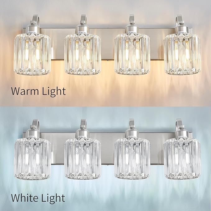 4 Lights Brushed Nickel Vanity Light Crystal Wall Light Bathroom Light Fixtures with Round Shade (Exclude Bulb)