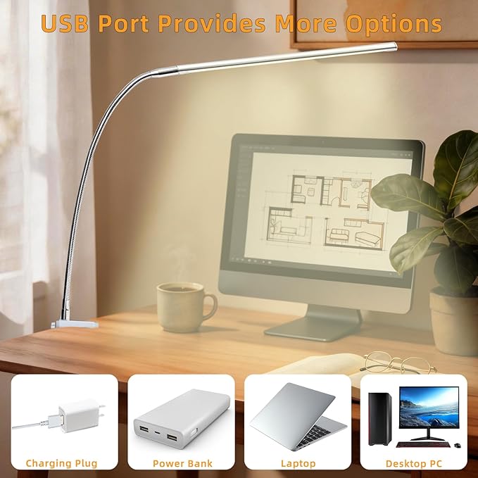 Space Aluminum LED Desk Lamp with Clamp, Clip on Light for Reading Study Desk Light 3 Modes 10 Brightness Flexible Gooseneck with USB Adapter Table Lamp for Home Office Computer Nail Work