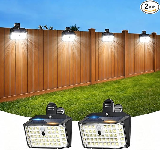 Clip on Solar Lights Outdoor with Motion Sensor, 600LM 176LED Solar Fence Lights Outdoor Waterproof, 3 Modes & Portable Security Lights for Chain Link Patio Deck Yard Garage (2Pack)