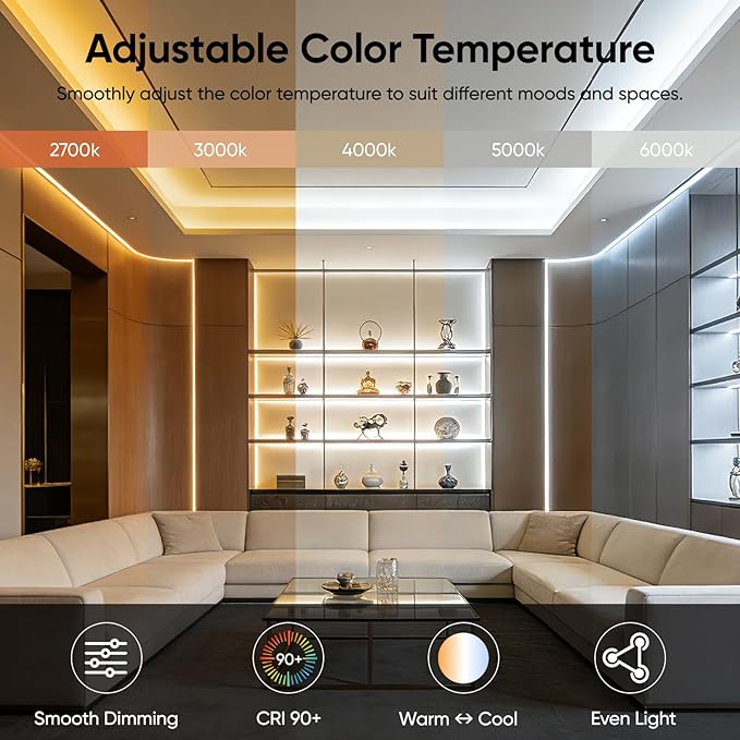 V4light Smart COB LED Strip Lights 16.4ft 24V, Tunable White 2700K–6500K Dot-Free Lighting, Alexa & Google Voice Control, App & Remote, CRI90+ Under Cabinet Lighting for Kitchen & Closet