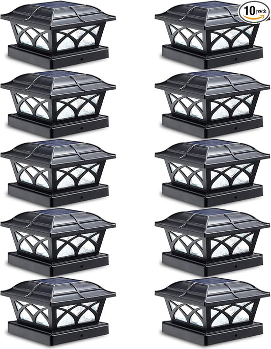 SIEDiNLAR Solar Post Cap Lights Outdoor Glass 2 Color Modes 8 LEDs for 4x4 5x5 6x6 Wooden Vinyl Posts Deck Fence Patio Decoration Warm White & Cool White Lighting Black (10 Pack)