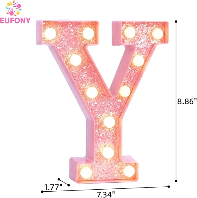 Pink Marquee Light Up Letters, Glitter Alphabet LED Letter Lights for Pink Birthday Party Decorations, Battery Operated Letter Sign for Girls Room Vanity Table Decor, Warm White Lights Letter Y