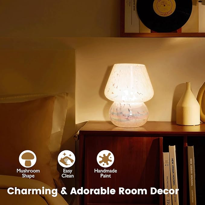 ULAROOM USB Plug-in Mushroom Lamp Small Bedside Table Lamp with 3 Temperature LED Bulb, Free Dimming Nights Light for Bedroom/Living Room/Entryway/Corner Decor or New Home Gift(Rainbow White)