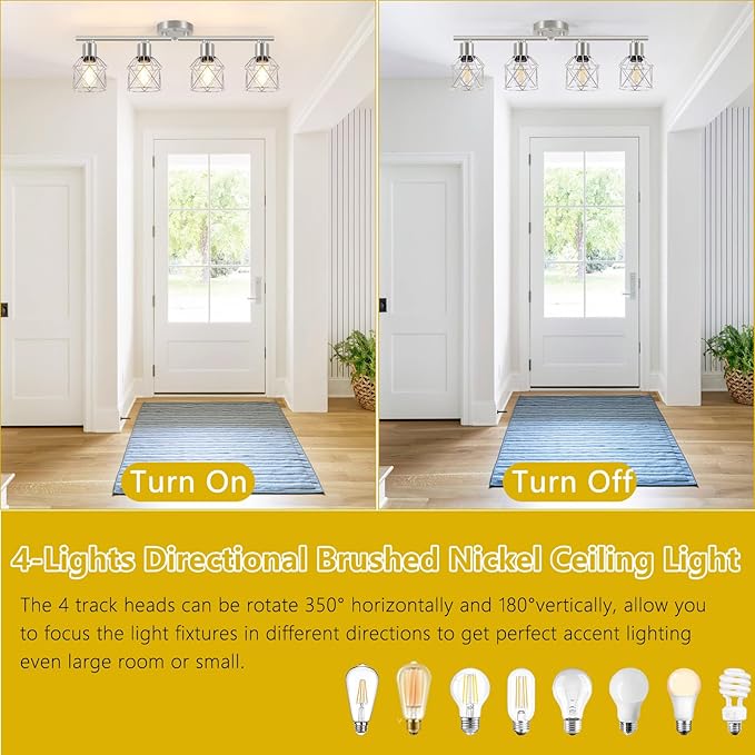 4-Light Kitchen Lighting Fixtures, Adjustable Multi-Directional Brushed Nickel Track Ceiling Light, Semi Flush Mount Ceiling Spotlight with Wire Cages for Living Room, Bedroom, Hallway