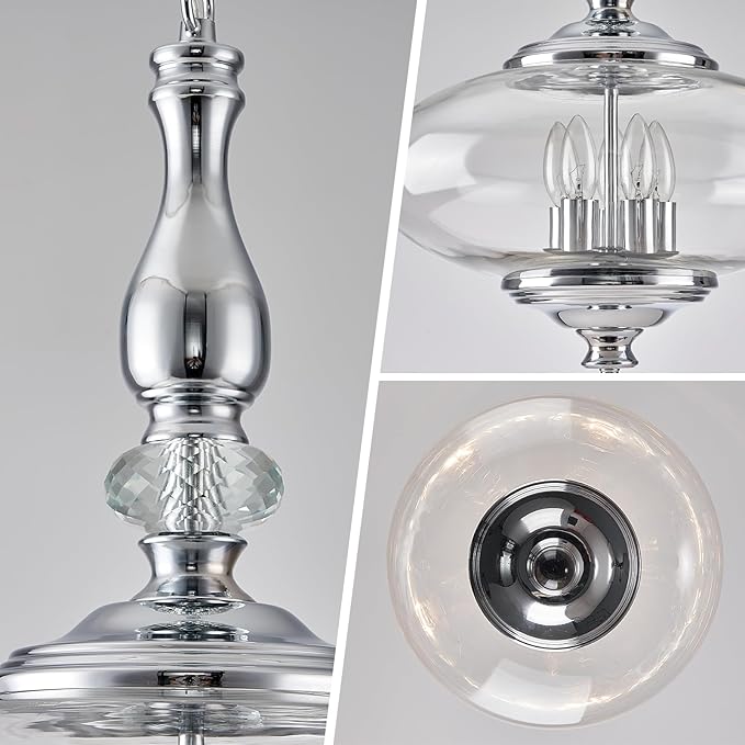 5 Light Chrome Chandelier Modern Glass Large Pendant Light H 27.5" x W 15.7" for Kitchen Island, Dining Room.E12 Bulb