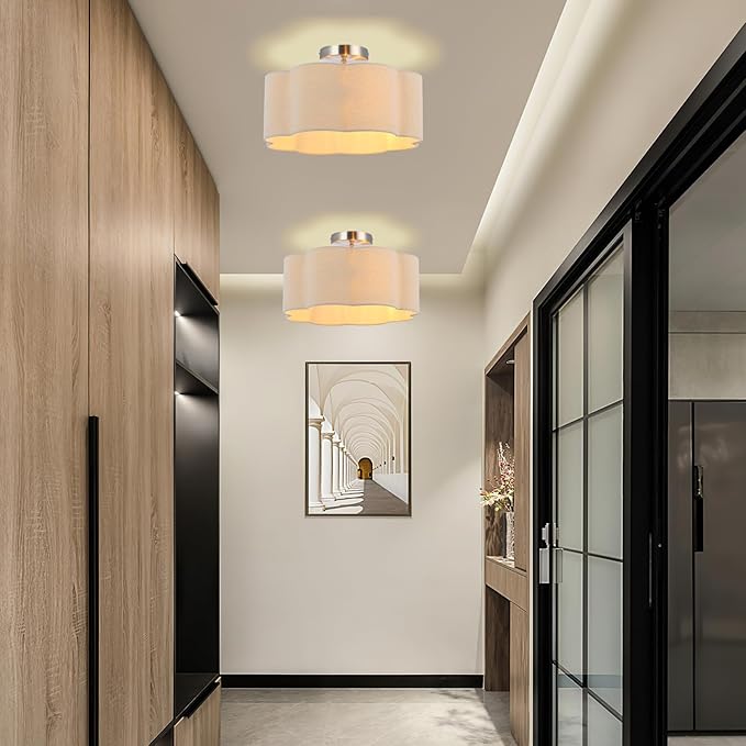 Newrays 3-Light Semi Flush Mount Ceiling Light Fixture, Fabric Shade Modern Close to Ceiling Lamp for Nursery Kids Room Bedroom Kitchen Hallway Entryway with 3PCS LED Bulbs (Linen)