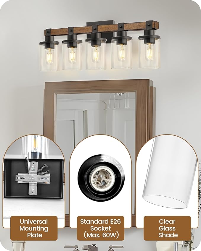 5-Light Bathroom Light Fixture, Farmhouse Vanity Lights for Bathroom with Glass Shade, Rustic Bathroom Light Fixtures, E26 Base F10BD05W1