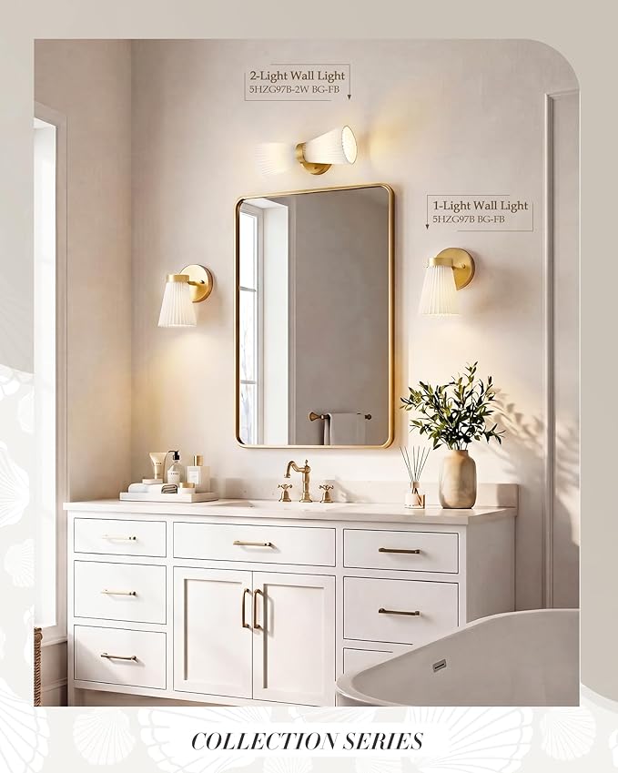 Fabric Bathroom Light Fixture, HWH 1-Light Sconce Wall Lighting with Milk White Striped Fabric Shade, Brushed Gold Finish, Modern Vanity Lights for Bathroom Bedroom, 5HZG97B BG-FB