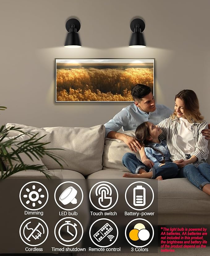 Black Battery Operated Wall Sconce Set of Two, Easy to Install Wireless Lights for Wall, Remote Control Dimmable LED Lights, Auto Timer Wall Lamp Fixtures for Bedroom, Gallery, Living Room, RV