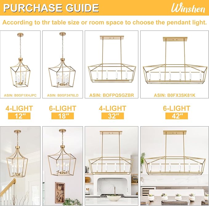 6-Light Gold Large Classic Chandelier Kitchen Island Lighting Over Table, Adjustable Height Pendant Light Fixture, E12 Bulb Base