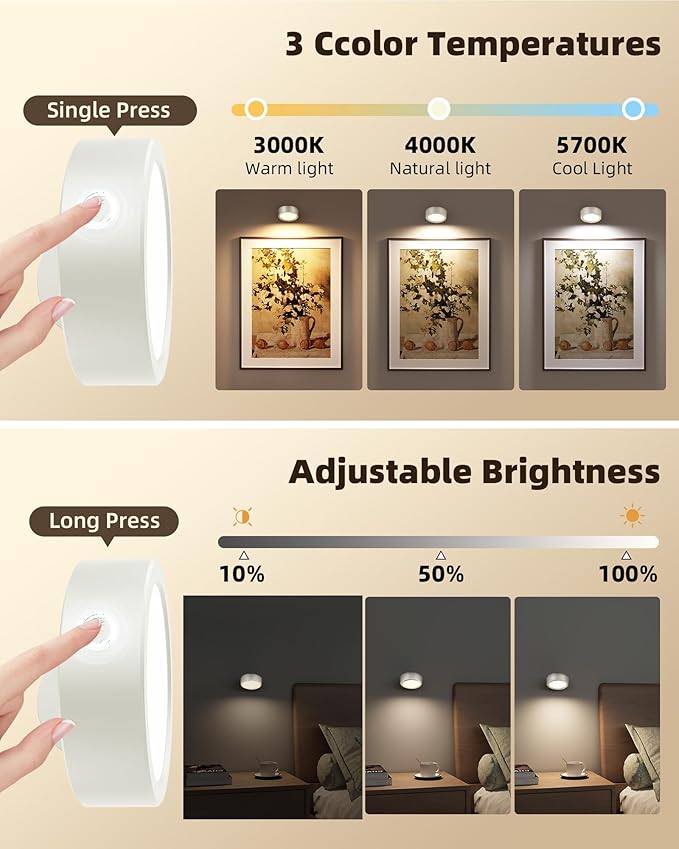 EZVALO LED Wall Mounted Light, 3000mAh Rechargeable Cordless Wall Sconce, 3 Color Temperatures, Dimmable with Remote & Touch Control, 360° Rotatable for Bedroom, Bedside, Reading, Study (White)