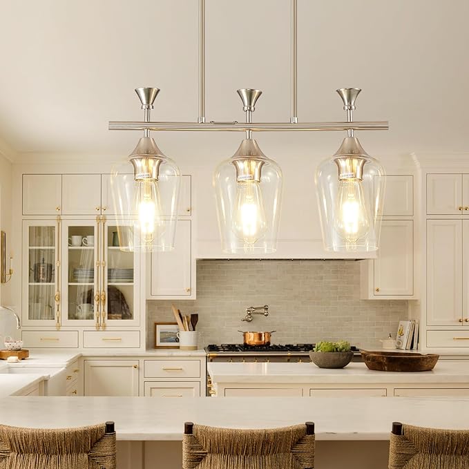 21.2" Dining Room Light Fixture/Chandelier Over Table, 3-Light Brushed Nickel Kitchen Island Lighting with Clear Glass Shade, Modern Hanging Pendant Lights Fixture for Kitchen Island, Dining Room, Bar