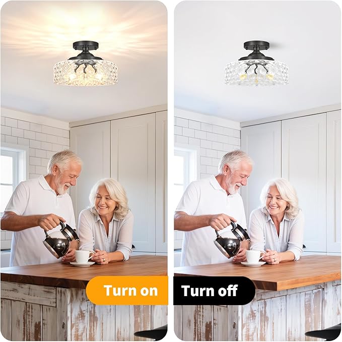 Black Semi Flush Mount Ceiling Light, 3-Light Ceiling Light with Hammered Glass, Vintage Hallway Lights, Closet Light Fixture, Kitchen Flush Ceiling Mount for Entryway Bedroom Bathroom,E12