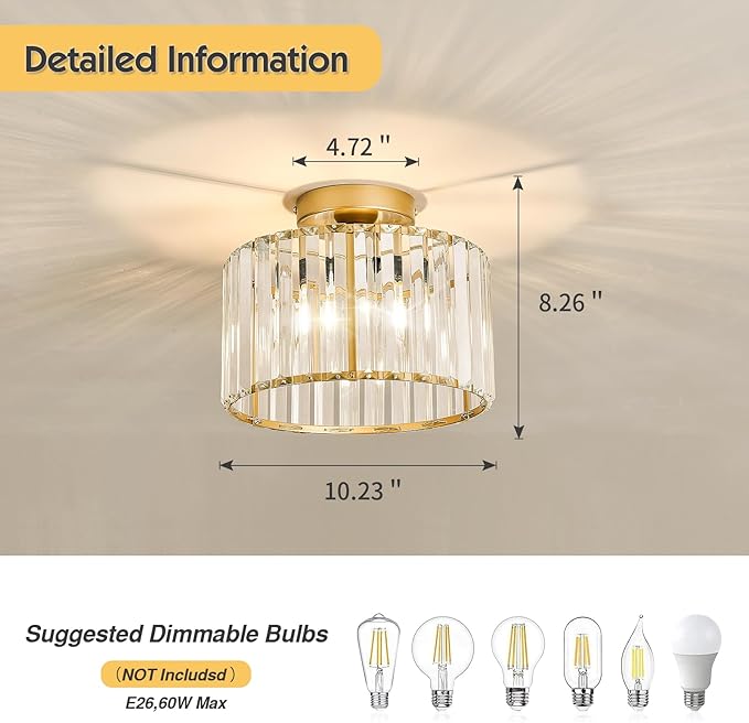 CVKASH 2 Pack Gold Crystal Semi Flush Mount Ceiling Light,Vintage Mini Ceiling Light Fixture Metal Close to Ceiling Lamp for Hallway Kitchen Living Room Bathroom Entryway Bedroom Closet