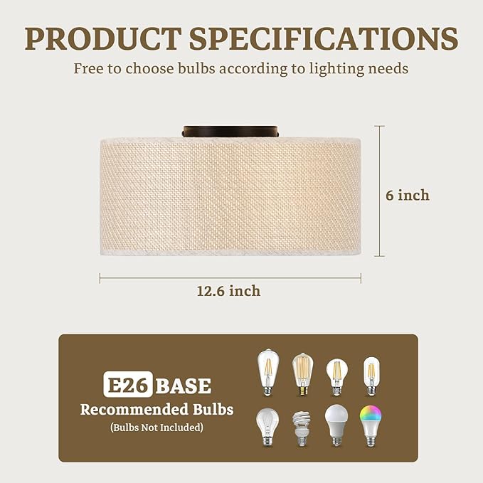 13Inch Farmhouse Semi Flush Mount Ceiling Light,Drum Shade 3-Light Rustic Ciling Fixture for Bedroom,Living Room,Hallway,Entryway,Kitchen,Creating Soft Ambient Home Lighting