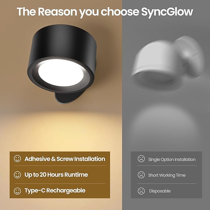 LED Wall Mounted Lamps, Battery Operated Rechargeable Wall Lights, 3CCT & Dimmable, 360°Rotation with Magnetic Ball, Cordless Wall Sconces for Picture Bedside Bedroom Reading, Black-2 Pack