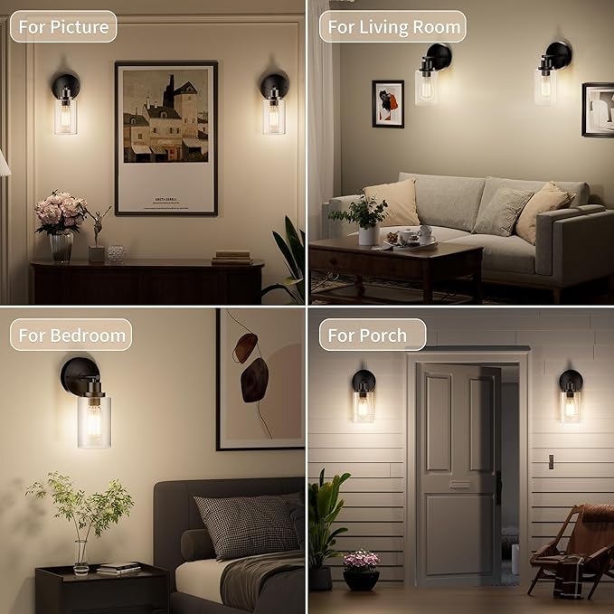 BUTHY Bathroom Wall Sconces Set of Two: Black Vanity Light Fixtures with E26 Base LED Cordless Indoor Wall Mount Lamp for Mirror Bedroom Hallway Stairway Modern Decor Lighting