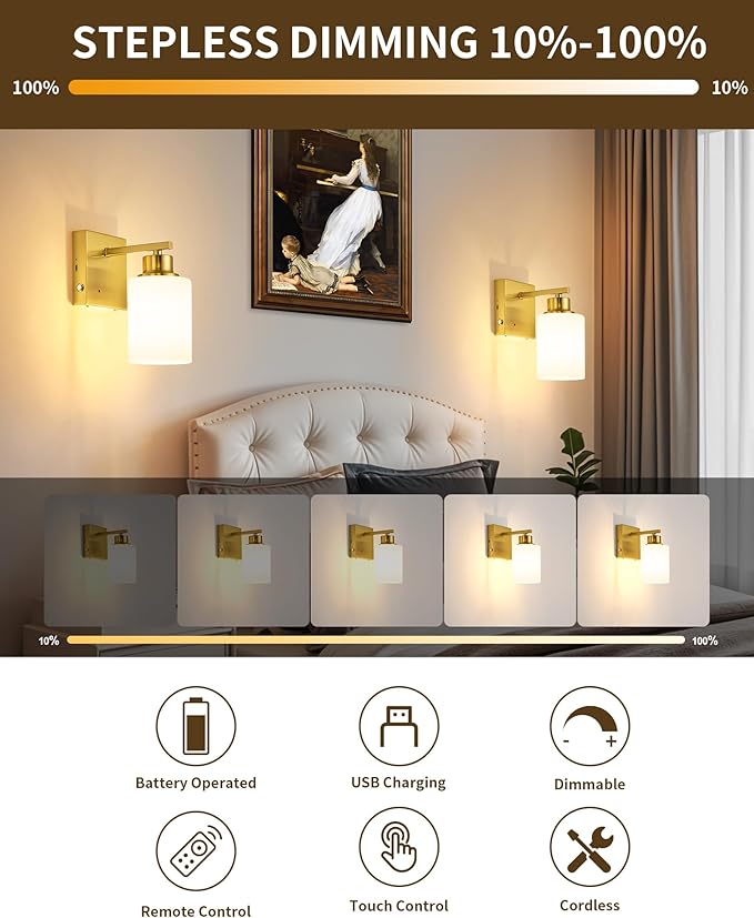 Rayogale Battery Operated Wall Sconce Set of 2, Gold Rechargeable Wall Lights with Timer Function, Easy Install Dimmable Cordless Wall Lamps Sconces Wall Decor for Living Room Bedroom Hallway, 3000K