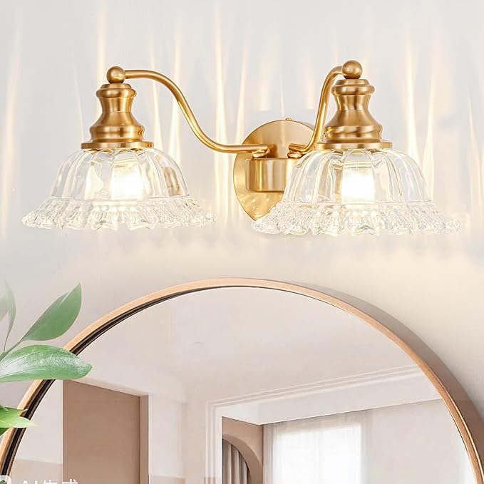 Gold Bathroom Light Fixtures Over Mirror, 2 Light Vintage Bathroom Vanity Light Fixture with Clear Flower Glass Shades, Retro Brass Vanity Lights for Bathroom, Bathroom Vanity Lights Over Mirror
