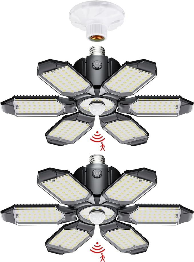 LED Garage Light Motion Sensor - 200W Deformable Garage Lights Ceiling LED, 20000LM Shop Lights Motion Activated, Motion Sensor Light Indoor for Garage, Workshop, Basement,Barn (2 Pack)