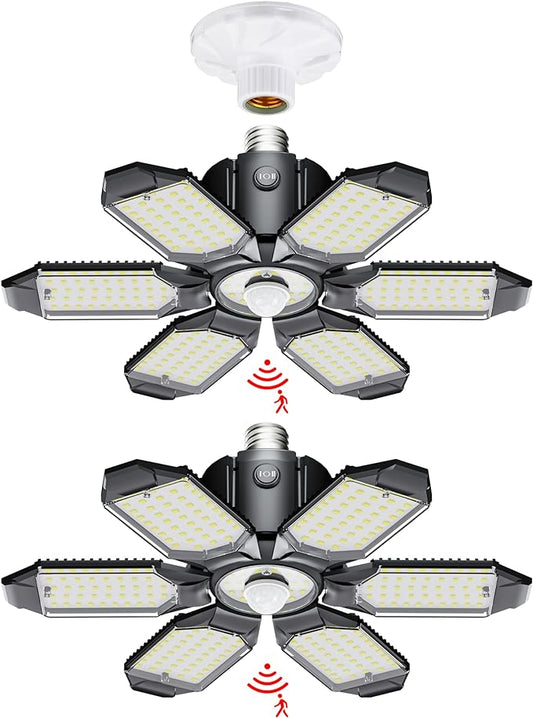 LED Garage Light Motion Sensor - 200W Deformable Garage Lights Ceiling LED, 20000LM Shop Lights Motion Activated, Motion Sensor Light Indoor for Garage, Workshop, Basement,Barn (2 Pack)