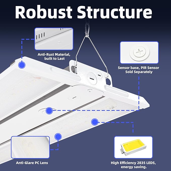 hykolity LED Linear High Bay Light 4FT with PIR Sensor Base, 320W/256W/192W Power Tunable, 43200LM/34560LM/25920LM 5000K Shop Lights Lighting Fixtures for Garage, Warehouse, 2-Pack