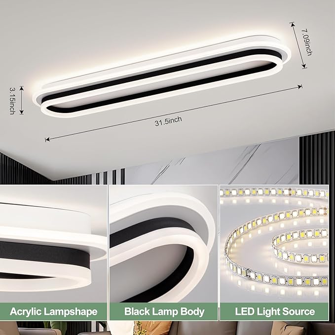Modern Linear Ceiling Light, 31.5Inch Dimmable LED Flush Mount Ceiling Lamp with Remote Control, Long Kitchen Ceiling Light Fixture for Living Room Dining Room Bedroom Hallway (Black)