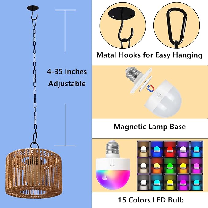 Battery Operated Chandelier Rechargeable, Outdoor Pendant Light Cordless with RGB LED Bulb, Boho Hanging Lights with Remote for Gazebo, Porch, Patio, Pergola, Indoor Decor,Set of 2