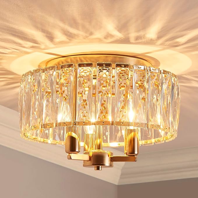 AGV LIGHTING CL002G Crystal Semi Flush Mount Ceiling Light Fixture, E12 Base 3-Lights, D13 x H15, Shine Gold Finish