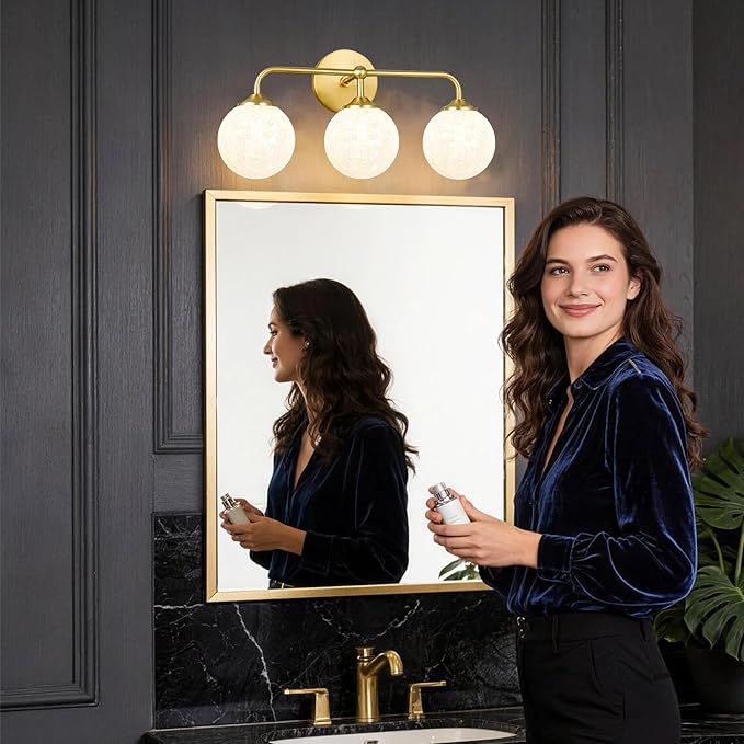 Modern Brushed Gold 3-Lights Vanity Light Fixtures with Carved White Glass Ball Shades, Mid Century Brass Wall Sconce Lighting Fixtures over Mirror, Wall Sconces for Bathroom Dressing Table Bedroom