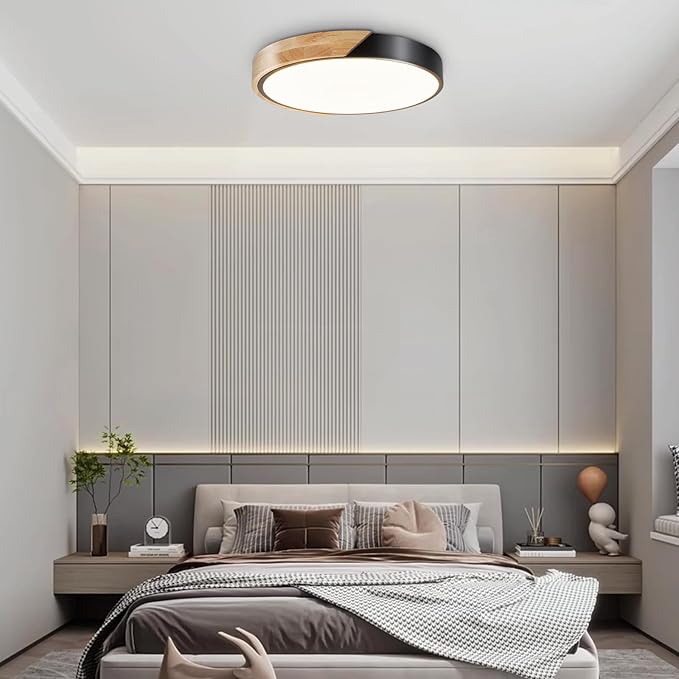 Modern Flush Mount Ceiling Light, Wood Ceiling Light Fixture, Natural White 4500K Not Dimmable, Minimalist Ceiling Lamp with Acrylic Lampshade for Bedroom, Living Room, Hallway(Black, 11.8")
