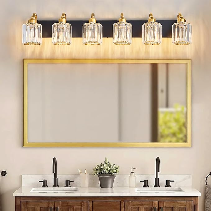 Modern Bathroom Vanity Light 6-Lights Black Gold Crystal Wall Light Fixture with Round Shade Over Mirror (Exclude Bulb)