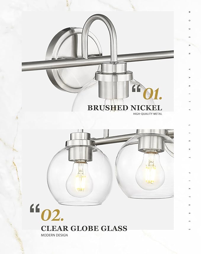 Bathroom Light Fixtures, 3-Light Brushed Nickel Vanity Lights Over Mirror with Globe Clear Glass, Modern Vanity Lighting Fixtures, AD-22280-3W-SN