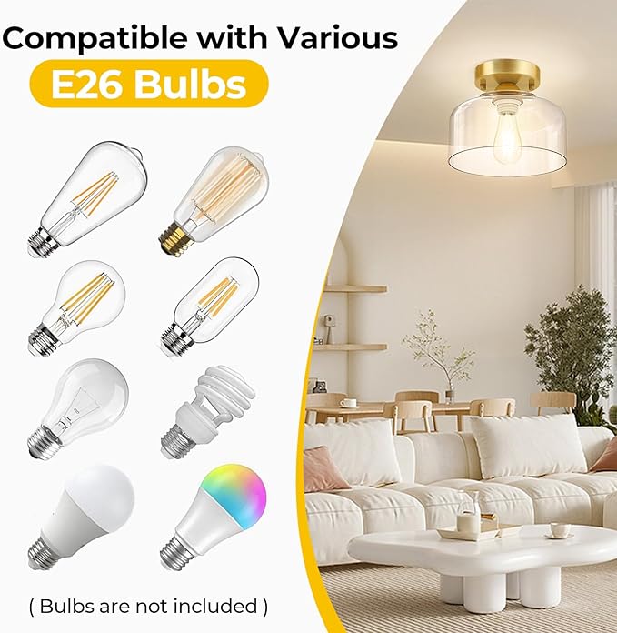 LACCEN Semi Flush Mount Ceiling Light Brushed Gold - Clear Glass Pendant Lamp Shade, Modern Farmhouse Light Fixture for Hallway Corridor Kitchen Entryway Bedroom, Bulb Not Included