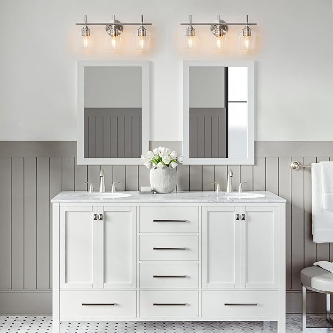 Bathroom Vanity Light Fixtures, 3-Lights Over Mirror Modern Vanity Lighting with Clear Wine Glass Shade Wall Lamp for Bedroom Hallway Living Room (Nickel, 3-Light)