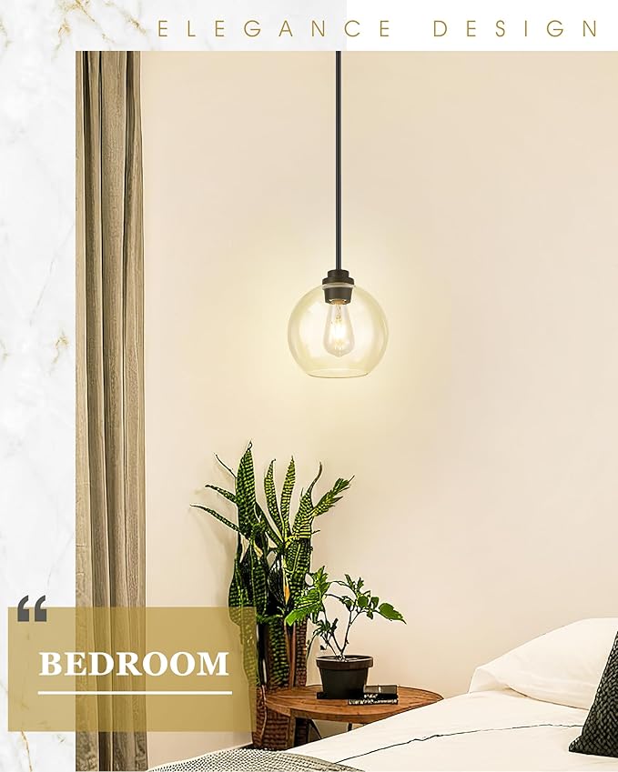 2 Pack Pendant Lights Kitchen Island, 8" Black Pendant Light Fixtures with Globe Clear Glass Shade, Modern Kitchen Island Lighting for Bathroom, AD-22280-2PL-BK