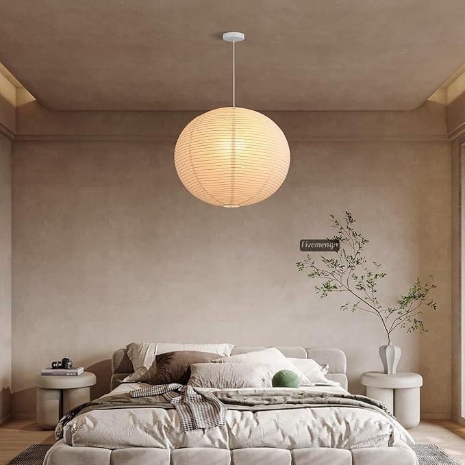 Large Rice Paper Pendant Light Kit, 20in White Globe Paper Lantern Lights, E26 Base, Japanese Hanging Lantern Lamp Japandi Chandelier for Dining Room Bedroom Office Living Room