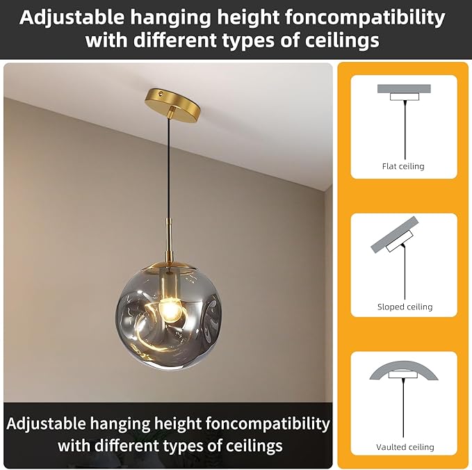Modern Smoke Gray Concave Glass Pendant Light, 3-Pack Kitchen Island Lighting Single Globe Pendant Light Fixtures Century Kitchen Island Pendant Light for Bedroom Dining Room Light (Without Bulbs)