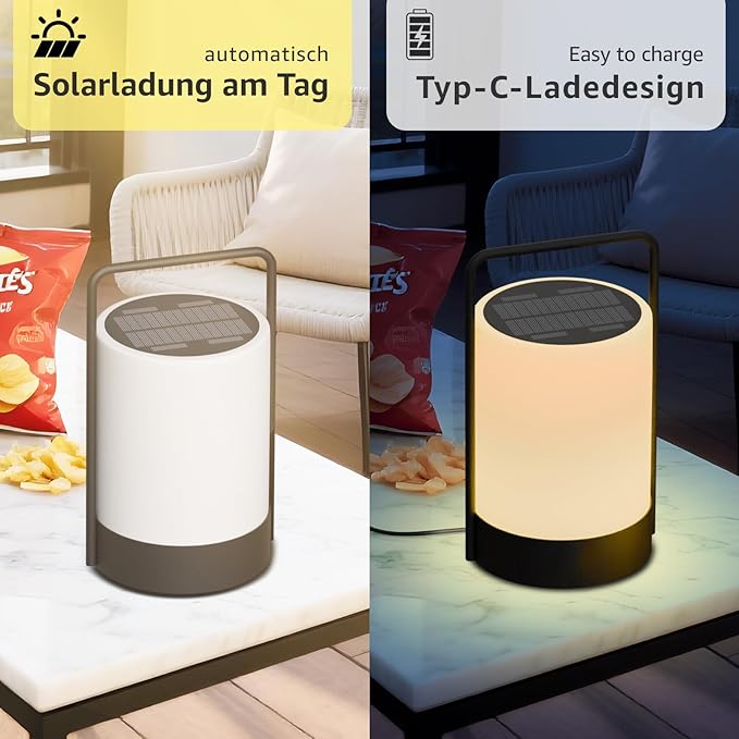 uuffoo Solar Lantern LED Outdoor Waterproof Table Lamp Cordless Metal Frame IP44 Weather Resistant RGB and Warm White 7-15H Battery Life for Indoor Outdoor Patio Camping Restaurant Terrace By the Pool