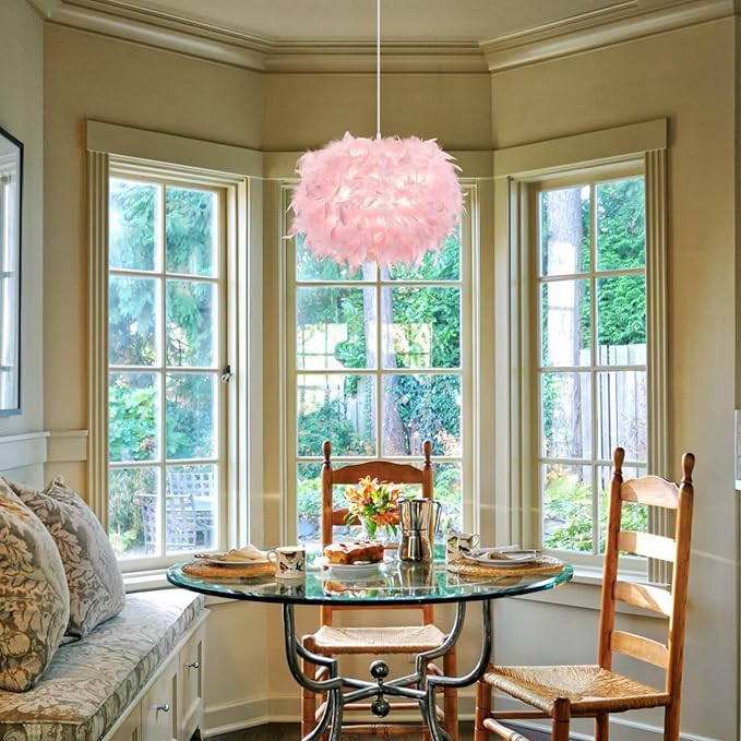 NZV Pink Feather Pendant Lights for Bedroom Romantic Feathers Light Fixture Pink Chandelier Girls Room Modern Hanging Ceiling Lighting for Dining Room Kitchen Island Foyer Hallway (Diameter 11.8in)