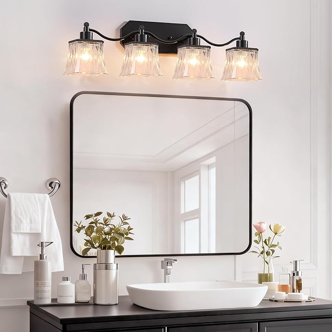 Bathroom Vanity Light Fixtures, 4-Light Vintage Matte Black Vanity Lights with Crystal Glass Shades, Farmhouse Bathroom Lighting Fixtures Over Mirror for Bathroom Bedroom Hallway