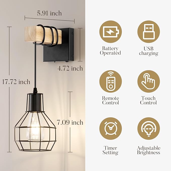 Battery Operated sconces Set of 2 for Bathroom, Dimmable Wall Sconces with Remote Control, Black LED Wireless Wall Lights for Living Room, Hallway,(2 Pack)