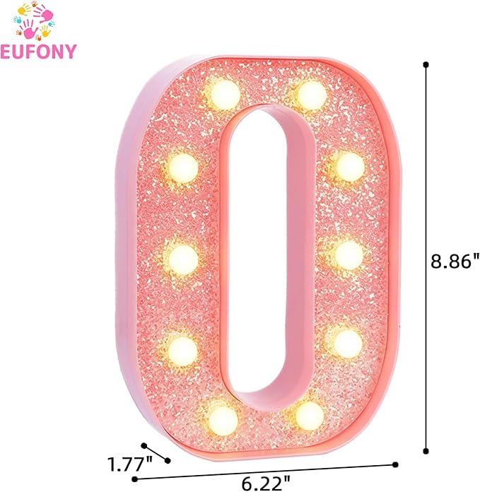 Pink Marquee Light Up Letters, Glitter Alphabet LED Letter Lights for Pink Birthday Party Decorations, Battery Operated Letter Sign for Girls Room Vanity Table Decor, Warm White Lights Letter O