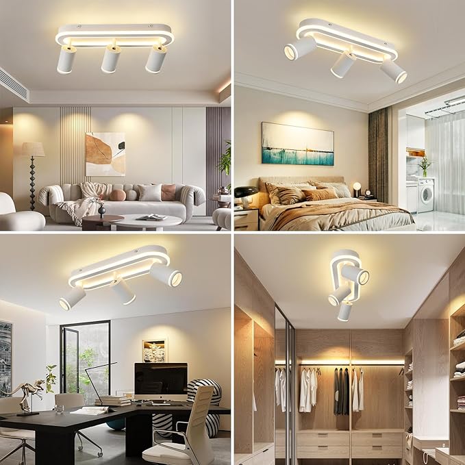 LED 3 Light Track Lighting Spotlight Kit, White Ceiling Spotlights, Modern Track Light Fixture with Flexibly Rotatable Light Heads, 35W+15W Dual Lighting for Kitchen Living Room,Includes 3 x GU10 Bulb